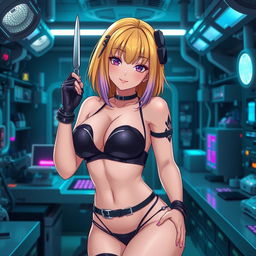 A sexy and cute gothic anime-inspired cyberpunk ripper doc character, playfully posing with a scalpel in a gothic futuristic lab