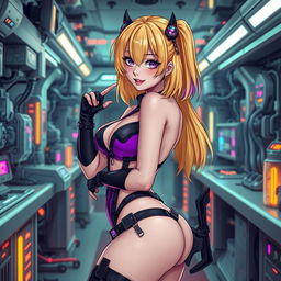 A sexy and cute gothic anime-inspired cyberpunk ripper doc character, striking a cute pose in a gothic futuristic lab