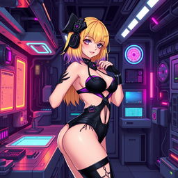 A sexy and cute gothic anime-inspired cyberpunk ripper doc character, striking a cute pose in a gothic futuristic lab