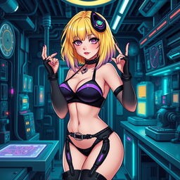 A sexy and cute gothic anime-inspired cyberpunk ripper doc character, striking a cute pose in a gothic futuristic lab