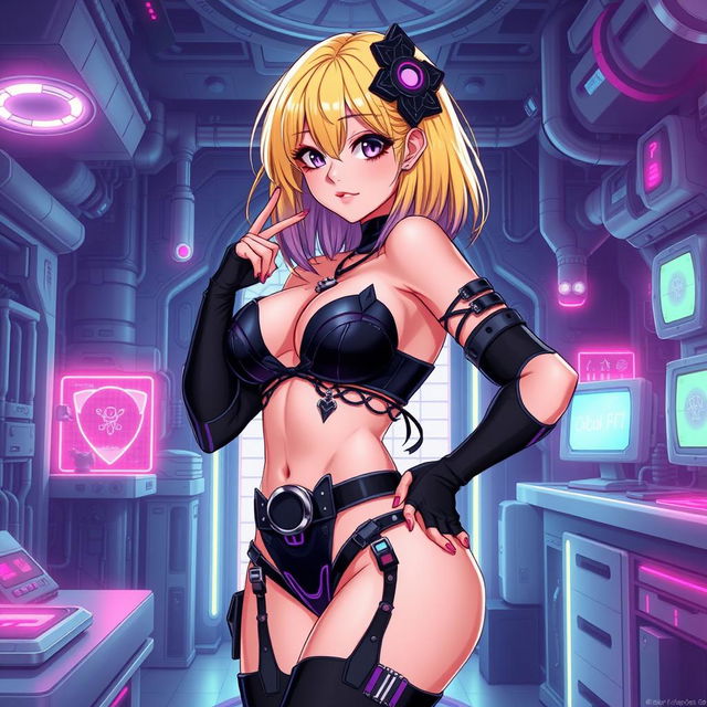 A sexy and cute gothic anime-inspired cyberpunk ripper doc character, striking a cute pose in a gothic futuristic lab