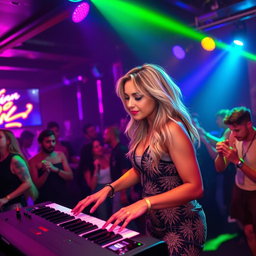 A 39-year-old attractive woman, Dayna Wynter, with dirty blonde hair, enthusiastically playing keyboards on a vibrant nightclub stage