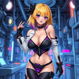 A sexy and cute gothic anime-inspired cyberpunk ripper doc character, striking a cute pose in a gothic futuristic lab
