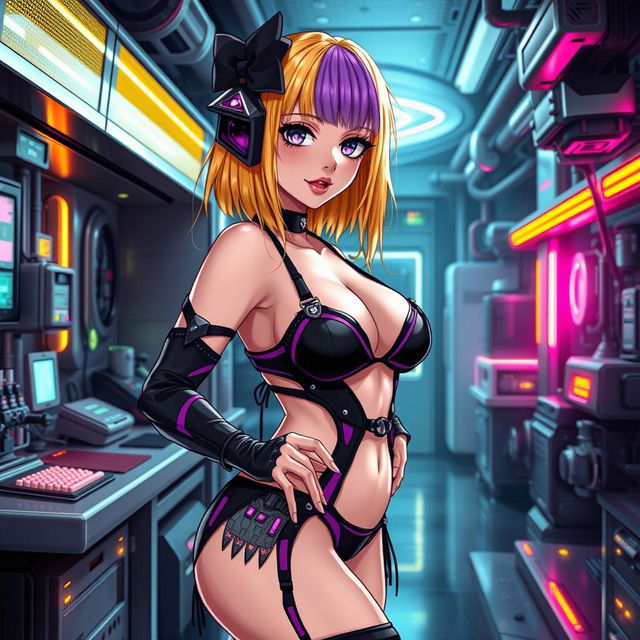 A sexy and cute gothic anime-inspired cyberpunk ripper doc character, striking a cute pose in a gothic futuristic lab