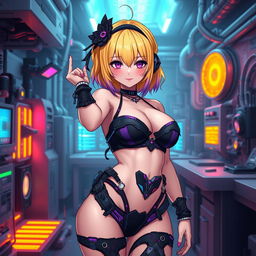 A sexy and cute gothic anime-inspired cyberpunk ripper doc character, striking a cute pose in a gothic futuristic lab