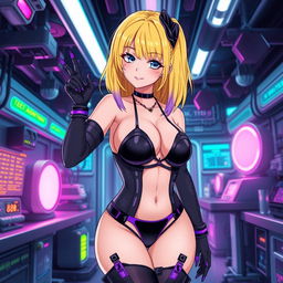 A sexy and cute gothic anime-inspired cyberpunk ripper doc character, striking a cute pose in a gothic futuristic lab