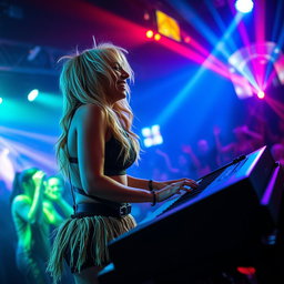 A 39-year-old attractive woman named Dayna Wynter with dirty blonde hair, passionately playing keyboards on a dynamic nightclub stage