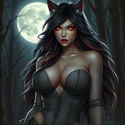 An evil werewolf girl exuding beauty and menace, characterized by her large, alluring breasts