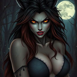 An evil werewolf girl exuding beauty and menace, characterized by her large, alluring breasts