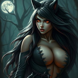 An evil werewolf girl exuding beauty and menace, characterized by her large, alluring breasts