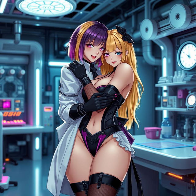 A sexy and cute gothic anime-inspired cyberpunk ripper doc character, hugging a cute anime girl in a maid outfit in a gothic futuristic lab