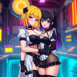 A sexy and cute gothic anime-inspired cyberpunk ripper doc character, hugging a cute anime girl in a maid outfit in a gothic futuristic lab