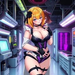 A sexy and cute gothic anime-inspired cyberpunk ripper doc character, hugging a cute anime girl in a maid outfit in a gothic futuristic lab