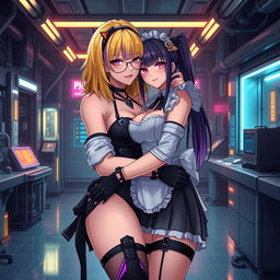 A sexy and cute gothic anime-inspired cyberpunk ripper doc character, hugging a cute anime girl in a maid outfit in a gothic futuristic lab