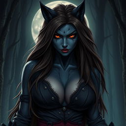 An evil werewolf girl exuding both beauty and menace, characterized by her ample bosom
