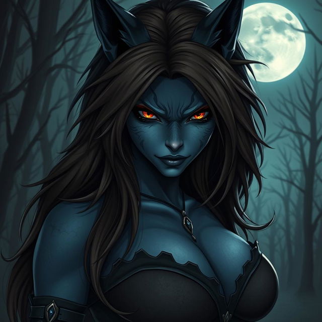 An evil werewolf girl exuding both beauty and menace, characterized by her ample bosom