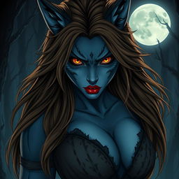 An evil werewolf girl exuding both beauty and menace, characterized by her ample bosom