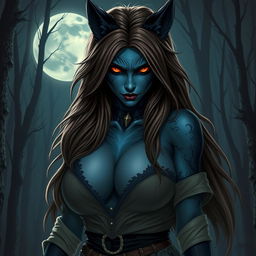 An evil werewolf girl exuding both beauty and menace, characterized by her ample bosom