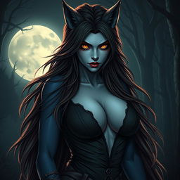 An evil werewolf girl radiating both beauty and menace, characterized by her large bosom