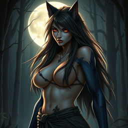 An evil werewolf girl radiating both beauty and menace, characterized by her large bosom