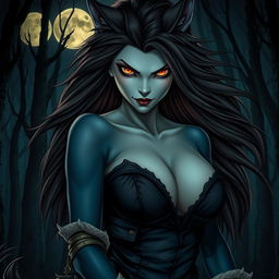 An evil werewolf girl radiating both beauty and menace, characterized by her large bosom
