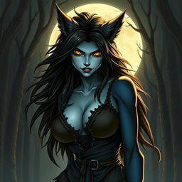 An evil werewolf girl radiating both beauty and menace, characterized by her large bosom