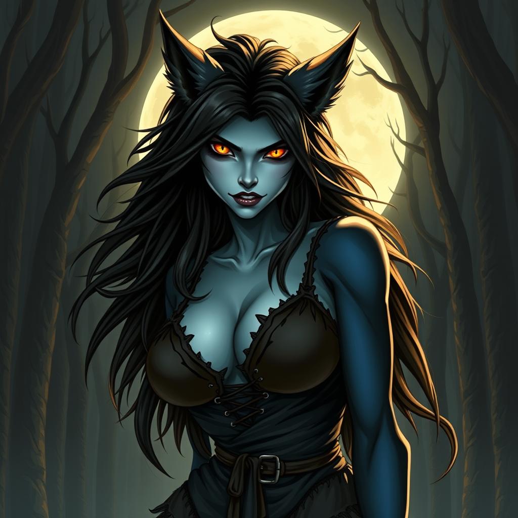 An evil werewolf girl radiating both beauty and menace, characterized by her large bosom