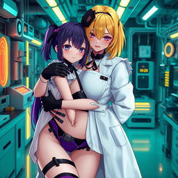 A sexy and cute gothic anime-inspired cyberpunk ripper doc character, hugging a cute, shy, flustered anime girl in a maid outfit in a gothic futuristic lab