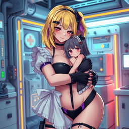 A sexy and cute gothic anime-inspired cyberpunk ripper doc character, hugging a cute, shy, flustered anime girl in a maid outfit in a gothic futuristic lab