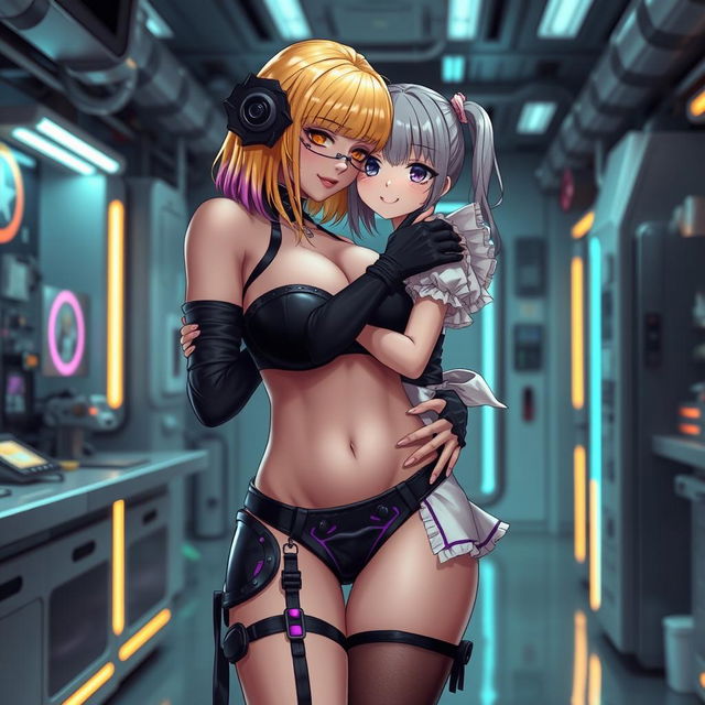 A sexy and cute gothic anime-inspired cyberpunk ripper doc character, hugging a cute, shy, flustered anime girl in a maid outfit in a gothic futuristic lab