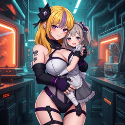 A sexy and cute gothic anime-inspired cyberpunk ripper doc character, hugging a cute, shy, flustered anime girl in a maid outfit in a gothic futuristic lab