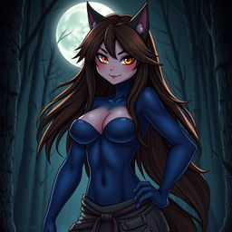 A cute yet evil werewolf girl, confidently showcasing her beauty and ample bosom