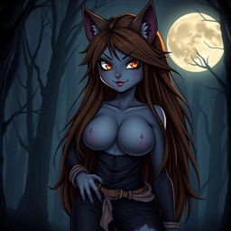 A cute yet evil werewolf girl, confidently showcasing her beauty and ample bosom
