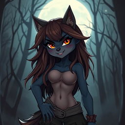 A cute yet evil werewolf girl, confidently showcasing her beauty and ample bosom