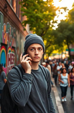 A person looking confused while holding a smartphone to their ear, standing in a vibrant urban setting