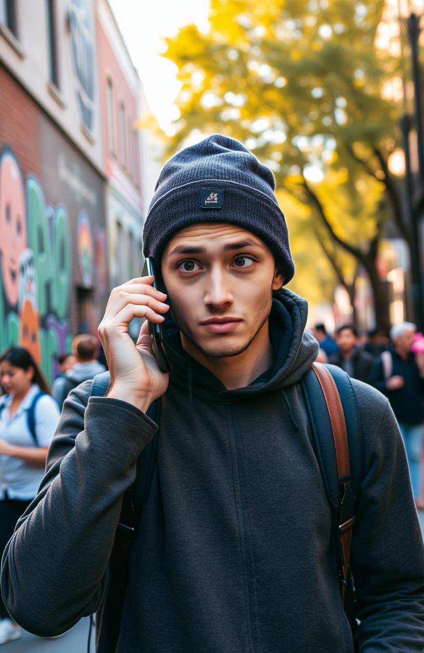 A person looking confused while holding a smartphone to their ear, standing in a vibrant urban setting
