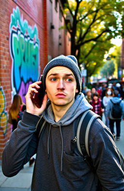 A person looking confused while holding a smartphone to their ear, standing in a vibrant urban setting