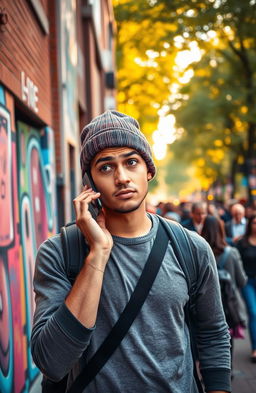 A person looking confused while holding a smartphone to their ear, standing in a vibrant urban setting