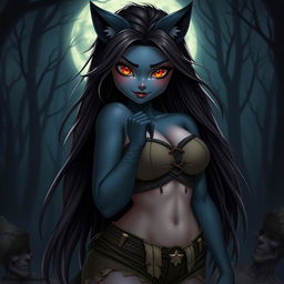 A realistically depicted cute yet evil werewolf girl, showcasing her beauty and voluptuous figure