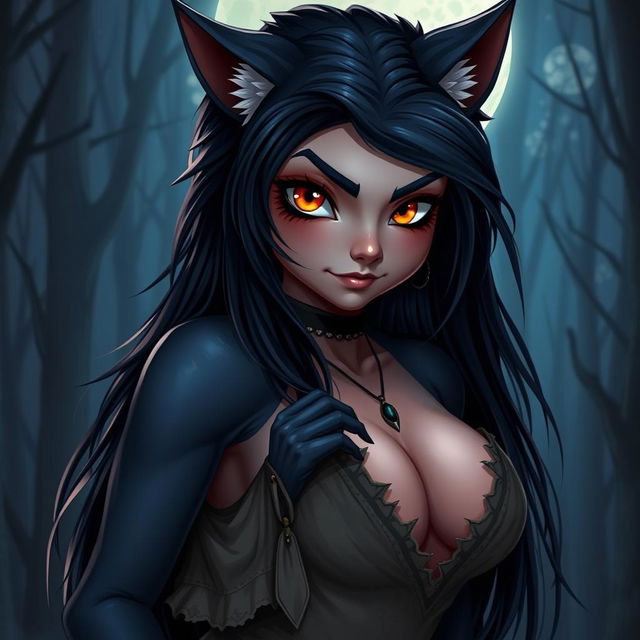 A realistically depicted cute yet evil werewolf girl, showcasing her beauty and voluptuous figure