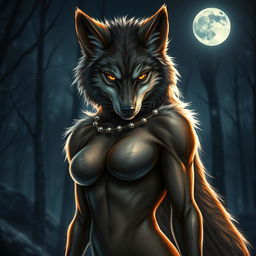 A fearless female werewolf depicted in a captivating night scene