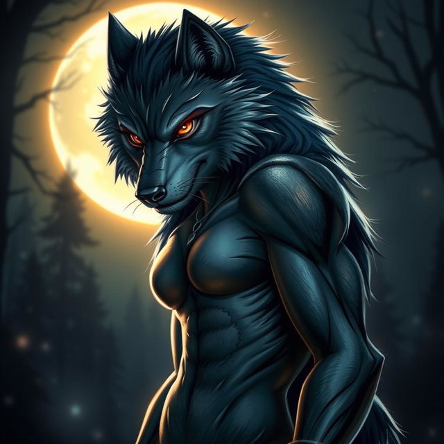 A fearless female werewolf depicted in a captivating night scene