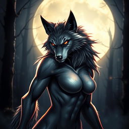A fearless female werewolf depicted in a captivating night scene