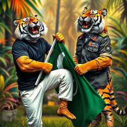 A vibrant scene featuring two tigers in a humorous and playful setting