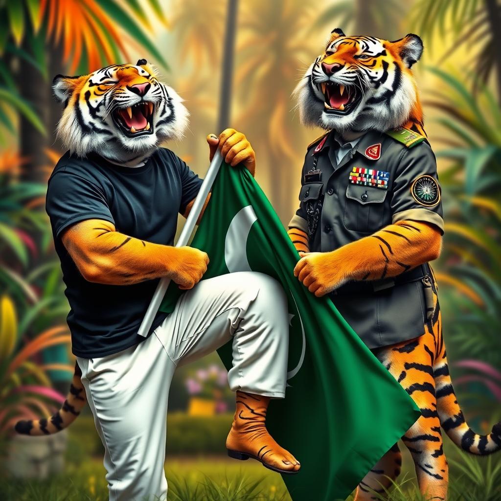A vibrant scene featuring two tigers in a humorous and playful setting