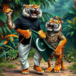 A vibrant scene featuring two tigers in a humorous and playful setting