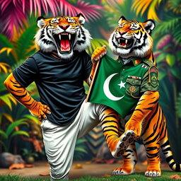 A vibrant scene featuring two tigers in a humorous and playful setting