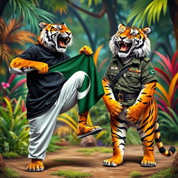 A vibrant scene featuring two tigers in a humorous and playful setting