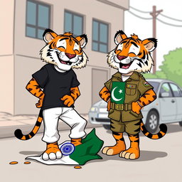 A cartoonish scene featuring two tigers in anthropomorphic form