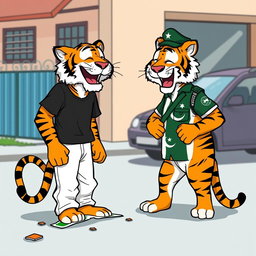 A cartoonish scene featuring two tigers in anthropomorphic form